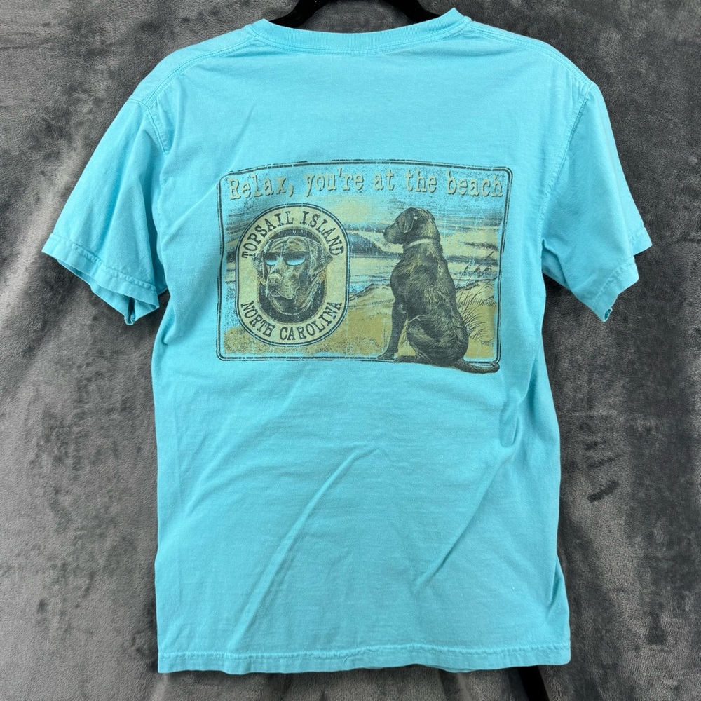 Topsail Island Chocolate Lab Sky Blue Comfort Colors Tourist T-Shirt Size Small